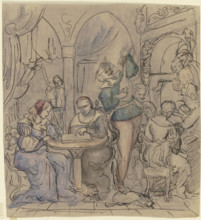 Lute player in historical costume, in elegant company, mid-19th century. Creator: Victor Muller.