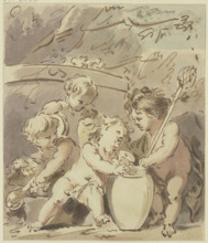 Four cupids by a vase, early-mid 18th century. Creator: Jacob de Wit.