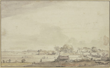 Landscape with scattered huts; people are harvesting on the left, 17th century. Creator: Ferdinand Bol.