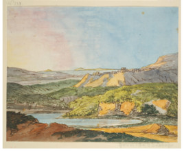 Southern landscape by the sea with wooded hills and a body of water in the foreground, 1787. Creator: Johann Wolfgang von Goethe.