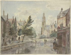 Stone bridge over a canal, a cathedral in the background, a lantern on the right by the...18th cent. Creator: Johannes Huibert Prins.