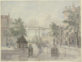 Canal with lock gate, a maid sweeps the street on the left, 18th century. Creator: Johannes Huibert Prins.
