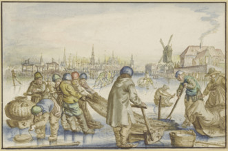 Winter landscape with many skaters, in the foreground fishermen pull a net from the ice, 16th cent. Creator: Claes Jansz Visscher the Elder.