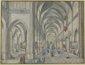 Interior of a Gothic church with many figures, 17th century. Creator: Hendrik van Steenwyck.