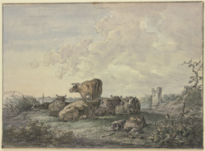 Sleeping shepherd and herd of cattle in a landscape, 18th century. Creator: Jacob van Strij.