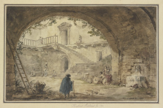 Vaulted ceiling with an antique fountain and a view of a staircase, 1780. Creator: Hubert Robert.