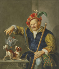 A hunter in rich attire, returning from the hunt, shows his dog a partridge, 18th century. Creator: R. Meurs Pruysenaar.