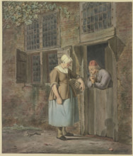 A man smoking at a front door speaks with a woman carrying a basket. Creator: Johannes Christiaan Janson.