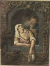 A woman with bare breasts empties a chamber pot out of a window, a young man smoking behind her.. Creator: Lambert Antoine Claessens.