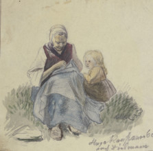 Grandmother sewing, and child, 1860. Creator: Hugo Kauffmann.