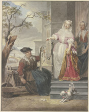 A lady stands with her maid in front of her house, haggling with a fishmonger, 1780. Creator: Jacobus Buys.