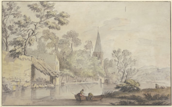 Church tower and several buildings by a body of water, two women in a boat..., 18th century. Creator: Jean-Baptiste Lallemand.