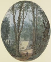 Park landscape with tall trees and a view of a staircase in the middle ground, c1780. Creator: Louis Gabriel Moreau.