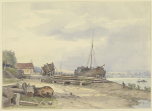Shipyard on the Rhine bank near Niederwalluf, c1880-1900. Creator: Ernst Morgenstern.