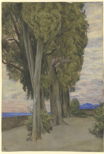 Cypresses in the Villa d'Este, a circle of three putti below the treetops, 1880. Creator: Hans Thoma.