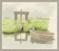 Wooden lock, a boat floating on the water to the right, 1860. Creator: Carl Theodor Reiffenstein.