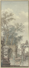 Panel, park view with waterworks and artificial rock, c1690s. Creator: Isaac de Moucheron.