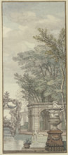 Panel, park view with waterworks and artificial rock, c1690s. Creator: Isaac de Moucheron.