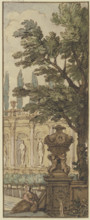 Panel, a vase in the foreground, an orangery in the background, c1690s. Creator: Isaac de Moucheron.