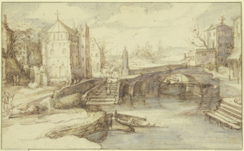 Town view with a bridge under which a ship passes, and a staircase..., c1600-1630. Creator: Cornelis Claesz van Wieringen.
