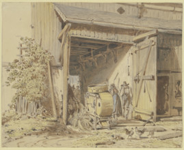 Barn with farmers threshing, c1825-1867. Creator: Heinrich Burkel.
