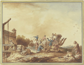In front of a fortress gate, the luggage of a traveler who has stopped there..., 1760. Creator: Francesco Giuseppe Casanova.