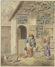 A farmer sits in front of a house with two children and two chickens, c1790s. Creator: Johannes Christiaan Janson.