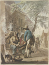 A farmer offers his produce for sale with a basket in front of a house; a dog is in the..., c1790s. Creator: Hermanus van Brussel.