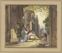 Italian terrace with girls and lute player, c1830-1870. Creator: Friedrich Nerly.