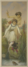 Snow White and Rose Red find the dwarf whose beard is tangled in the fishing line, 1866. Creator: Eduard von Steinle.