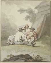 Four men sitting or squatting on the ground in front of a hut playing cards, c1770-1790. Creator: Gottlieb Welte.