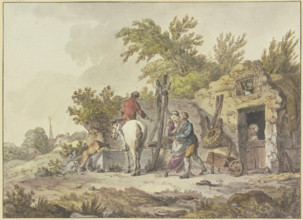 Rider with dog at a watering place, on the right at the well in front of a house a man..., 1773. Creator: John Webber.