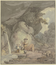 Young woman with her child resting by a rock spring, two sheep to the right, c1790s. Creator: Franz Joseph Manskirsch.