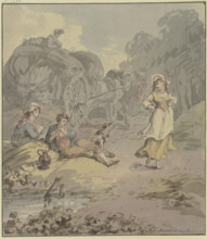 Reaper and reaper resting by a harvest wagon, in front of them a young girl dancing..., c1790s. Creator: Franz Joseph Manskirsch.