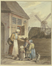 Three children with an old woman in front of a house, c1800-1844. Creator: Johann Friedrich Morgenstern.