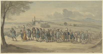 Walldürer's pilgrims passing by the town of Höchst am Main, (1830?). Creator: Jakob Dielmann.