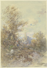 Landscape with a peasant woman, child, and the Eppstein ruins, 1892. Creator: Anton Burger.