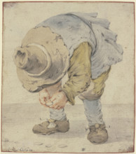 Boy stooping with a large hat, c1630-1680. Creator: Adriaen van Ostade.