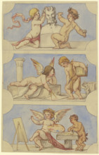 Allegories of sculpture, architecture, and painting embodied by putti, c1850-1870. Creator: Victor Muller.