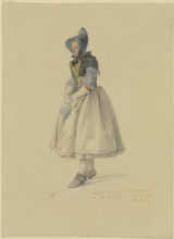 Standing peasant woman in her Sunday best facing left, (Matlies Stam from Willingshausen..., 1841. Creator: Jakob Dielmann.