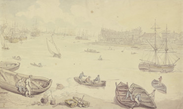 River with many ships and a shipyard, late 18th century. Creator: Thomas Rowlandson.