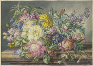 Bouquet in a basket, with a snail and a butterfly. Creator: Oswald Wijnen.