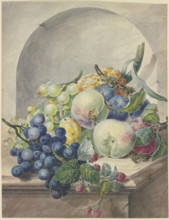Fruit scene in a niche on a marble table, plums, peaches, grapes, and blackberries. Creator: Paul Theodor van Brussel.