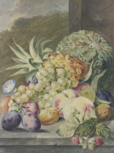 Fruit scene, melon, pineapple, grapes, peaches, plums, nuts. Creator: Paul Theodor van Brussel.