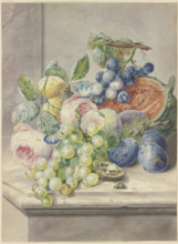 Fruit scene with a cut melon and two roses, grapes, peaches, plums, and a walnut, 1782. Creator: Paul Theodor van Brussel.