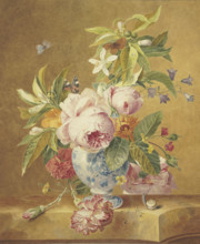 A bouquet of flowers in a blue vase with three butterflies, a snail in the foreground..., 1756. Creator: Jan Matthias Kok.