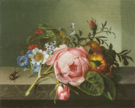 Spray of flowers, with a beetle on a stone balustrade, 1741. Creator: Rachel Ruysch.