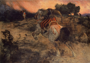 Astolf Riding Away with the Head of Orill, 1873. Creator: Arnold Bocklin.