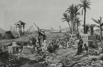 Arabic customs: a snake charmer, 1883. After a painting by the Spanish artist Echena.  Creator: Arturo Carretero y Sánchez.
