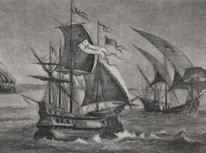 The three ships of Columbus: the caravel Niña, the caravel Pinta, and the carrack Santa María, 1892. Creator: Unknown.